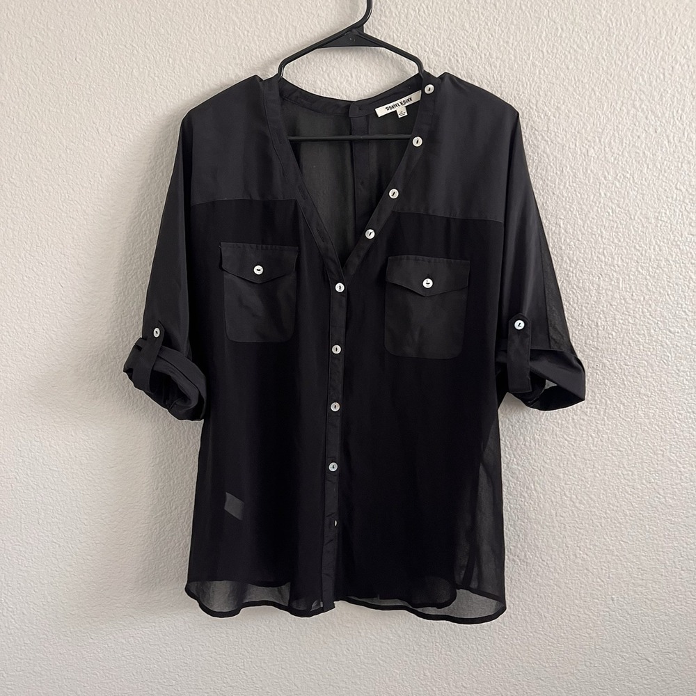 Daniel Rainn Women's Medium Black Sheer Roll Tab Top Blouse Button Down